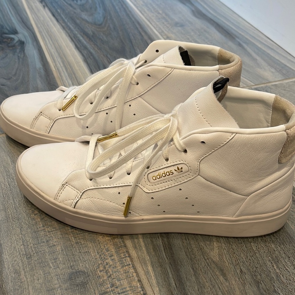 adidas White High-Top Leather Sneakers with Gold Accents
